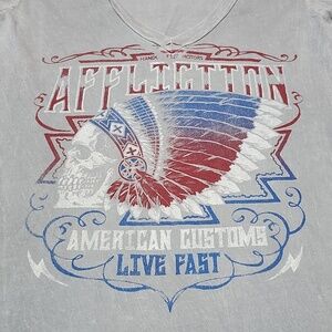 AFFLICTION LIVE FAST AMERICAN CUSTOM GRAY ACID-WASH V-NECK LONG TEE-SHIR…